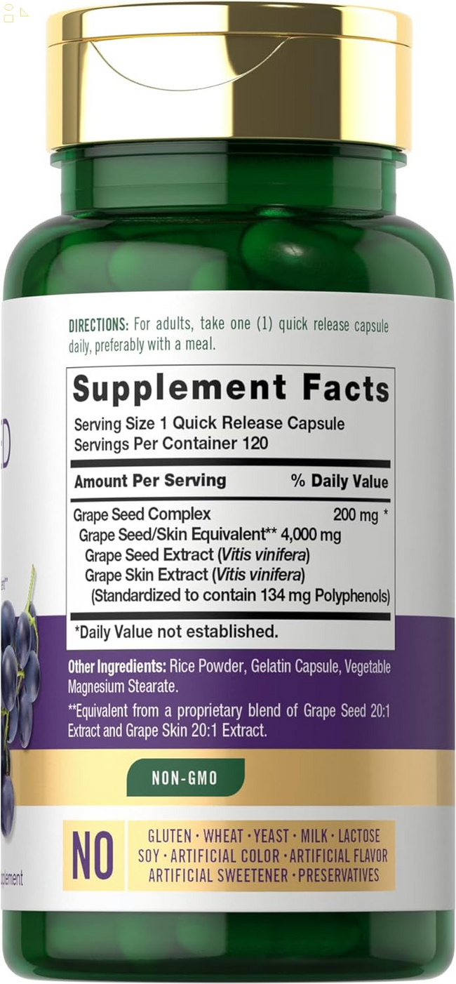 Grape Seed Extract 4,000Mg | 120 Quick Release Capsules | Standardized Extract Complex with Polyphenols | Non-Gmo, Gluten Free Supplement