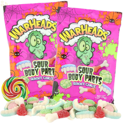 Halloween Warheads Sour Body Parts Candy, Soft and Chewy Fruit Flavored Gummies, 3 Ounces (Pack of 2) Lollipop Swirl Sticker Included