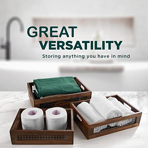 Wooden Nesting Countertop Baskets Set of 3 for Kitchen handles, Decorative Walnut Wood and Metal Wire