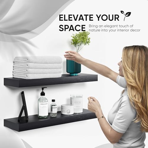 Floating Wooden Shelves for Kitchen Wall Mounted - Thick Industrial Kitchen Wood Shelf Set of 2