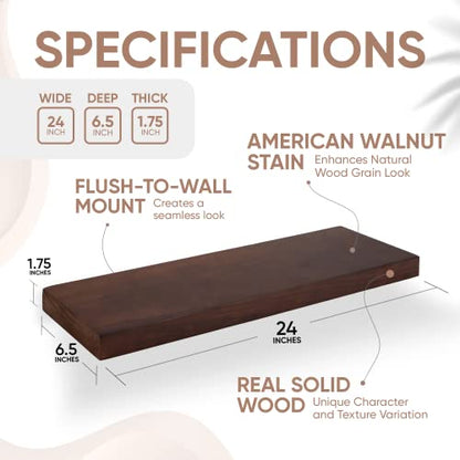 Floating Wooden Shelves for Kitchen Wall Mounted - Thick Industrial Kitchen Wood Shelf Set of 2