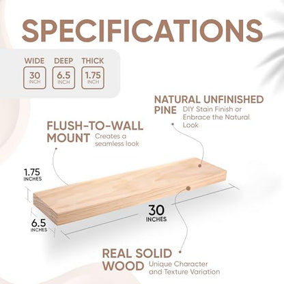 Floating Wooden Shelves for Kitchen Wall Mounted - Thick Industrial Kitchen Wood Shelf Set of 2