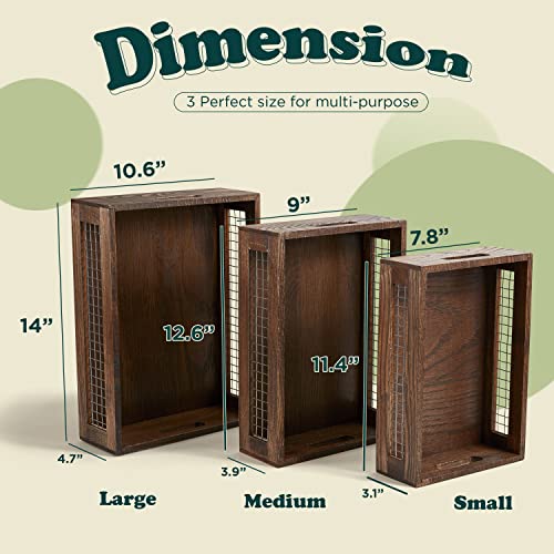 Wooden Nesting Countertop Baskets Set of 3 for Kitchen handles, Decorative Walnut Wood and Metal Wire