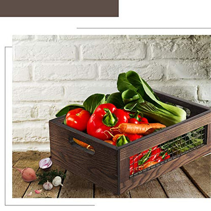 Wooden Nesting Countertop Baskets Set of 3 for Kitchen handles, Decorative Walnut Wood and Metal Wire