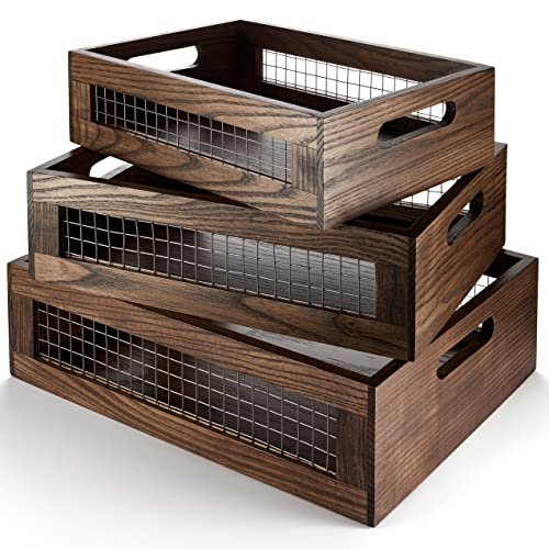 Wooden Nesting Countertop Baskets Set of 3 for Kitchen handles, Decorative Walnut Wood and Metal Wire