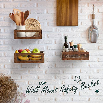 Wooden Nesting Countertop Baskets Set of 3 for Kitchen handles, Decorative Walnut Wood and Metal Wire