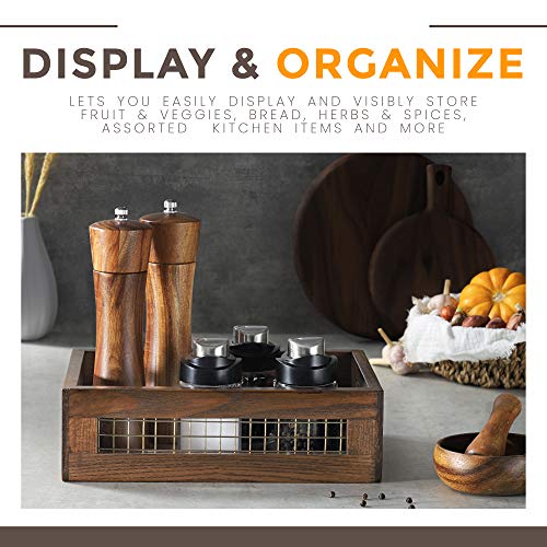 Wooden Nesting Countertop Baskets Set of 3 for Kitchen handles, Decorative Walnut Wood and Metal Wire