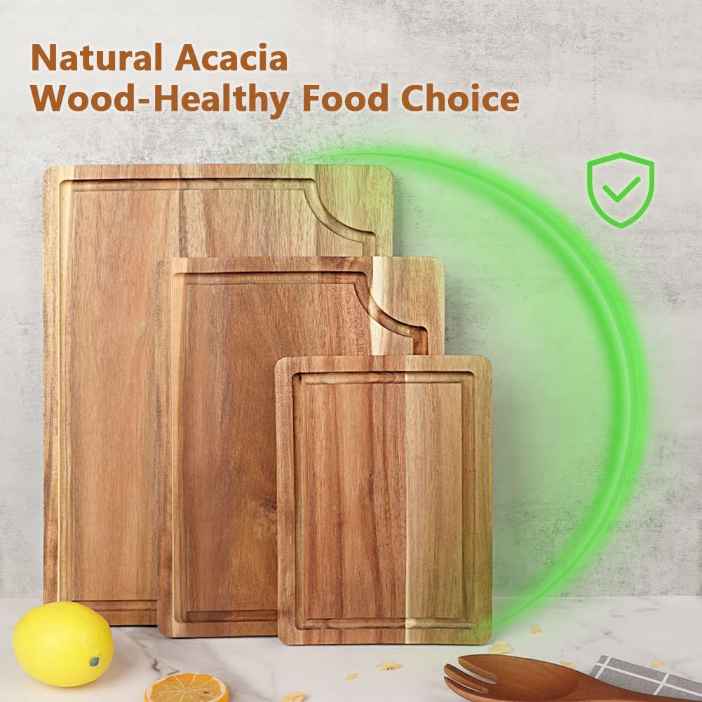 Acacia Wood Cutting Board Set with Juice Groove (3 Pieces), 15x10