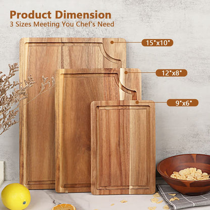 Acacia Wood Cutting Board Set with Juice Groove (3 Pieces), 15x10