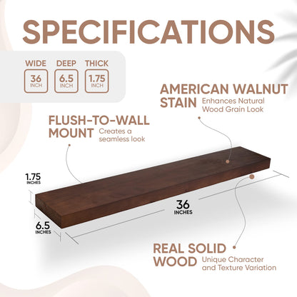 Floating Wooden Shelves for Kitchen Wall Mounted - Thick Industrial Kitchen Wood Shelf Set of 2