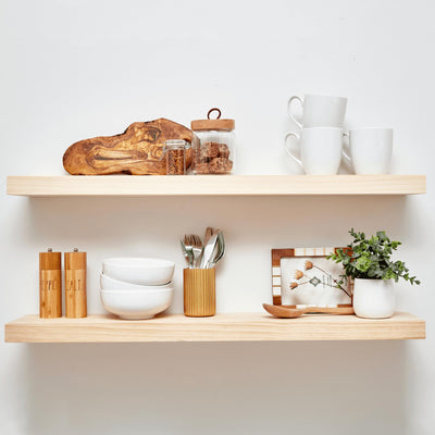 Floating Wooden Shelves for Kitchen Wall Mounted - Thick Industrial Kitchen Wood Shelf Set of 2