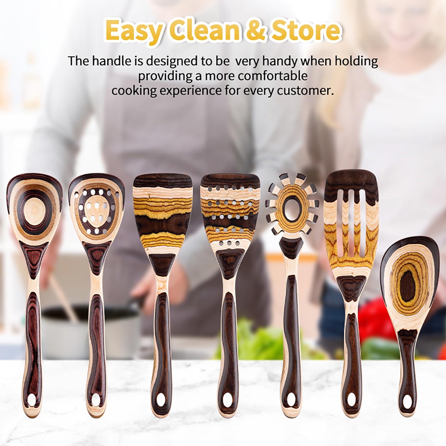 7-Piece wood Utensils Set, Durable, Eco-Friendly, Wooden Spoons for cooking, Kitchen Tool