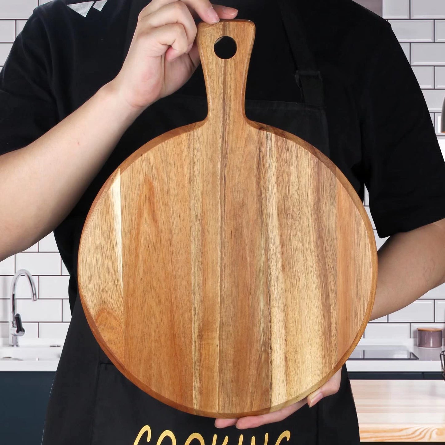 Acacia Wood Cutting Board with Handle Wooden Chopping Board Round Paddle