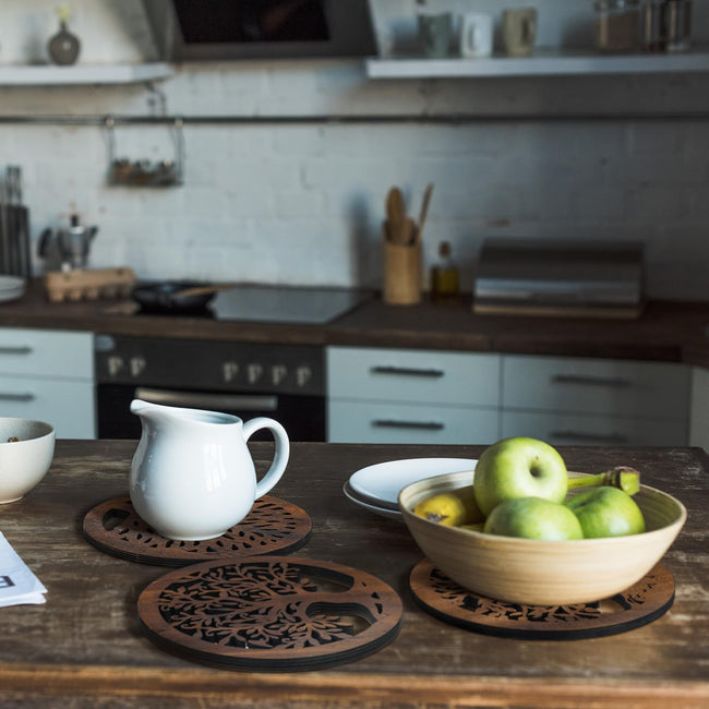 3 Pcs Life Tree Wooden Trivets Round Plates Pots Holder, Heat Resistant 8 Inch