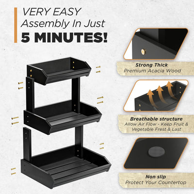 Acacia Wood Fruit Basket - Fruit Bowl for Kitchen Counter, Extra Large Made in USA