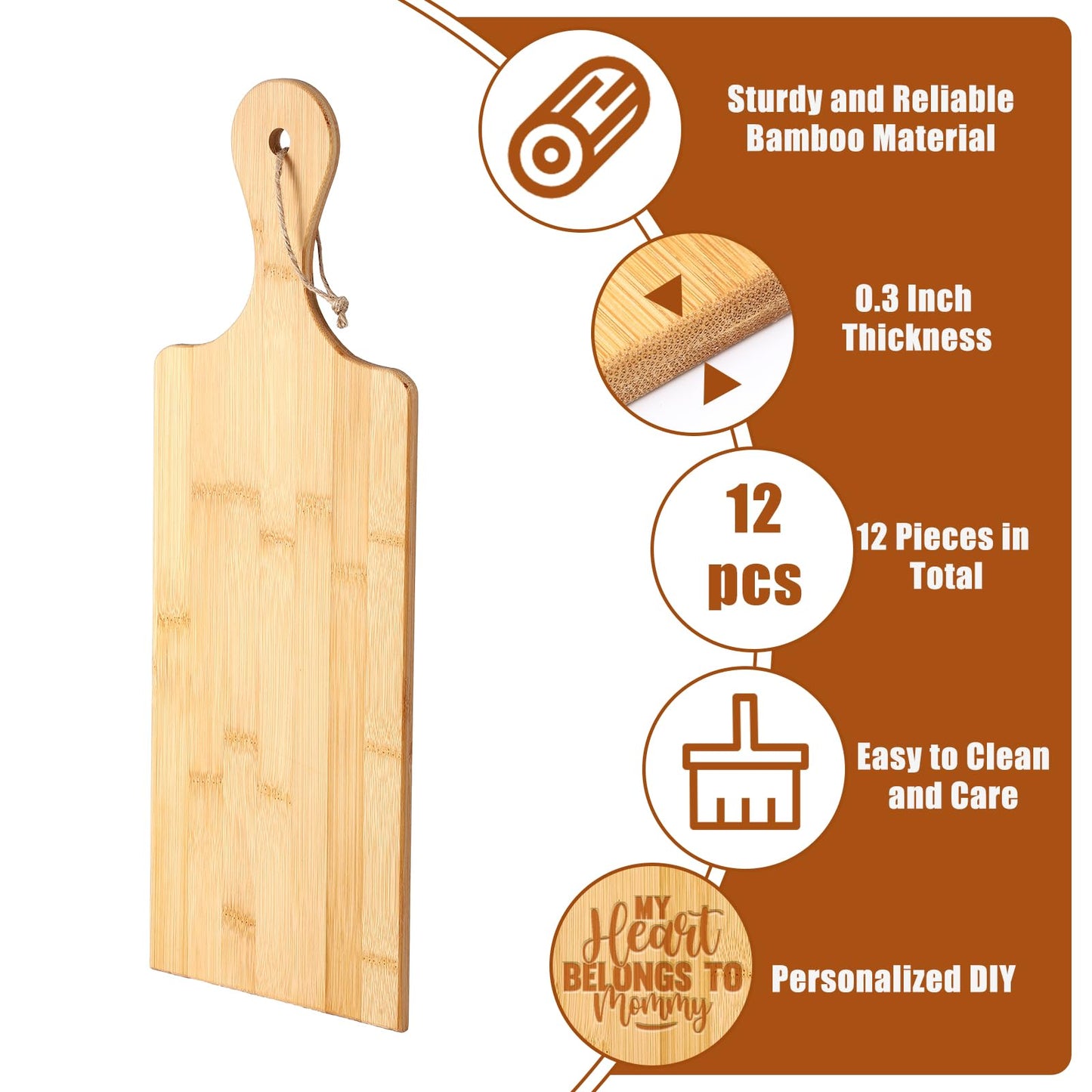 12 Packs Cutting Board Set with Handles 15 x 7 Inch, Acacia, Bamboo Wood)