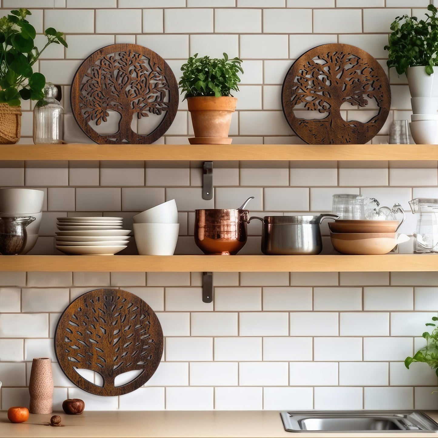 3 Pcs Life Tree Wooden Trivets Round Plates Pots Holder, Heat Resistant 8 Inch