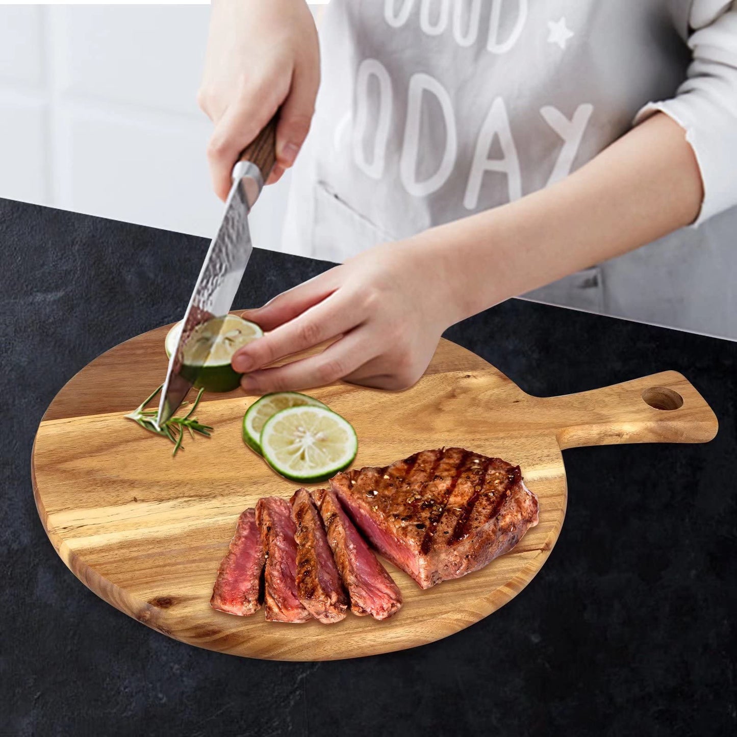 Acacia Wood Cutting Board with Handle Wooden Chopping Board Round Paddle