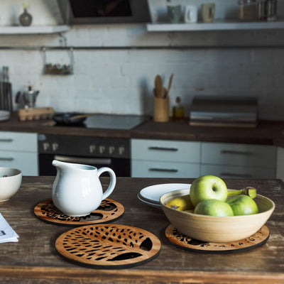 3 Pcs Life Tree Wooden Trivets Round Plates Pots Holder, Heat Resistant 8 Inch