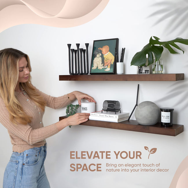 Floating Wooden Shelves for Kitchen Wall Mounted - Thick Industrial Kitchen Wood Shelf Set of 2