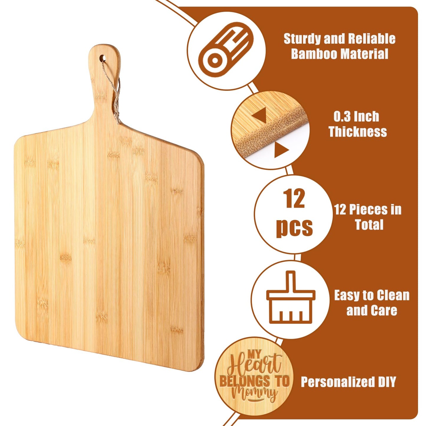 12 Packs Cutting Board Set with Handles 15 x 7 Inch, Acacia, Bamboo Wood)
