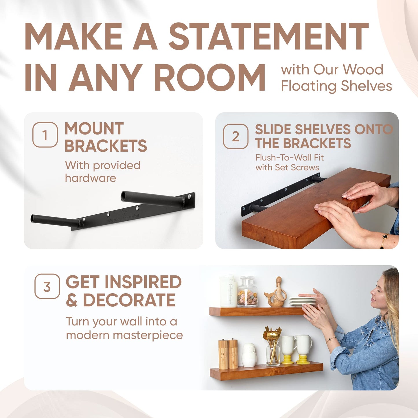 Floating Wooden Shelves for Kitchen Wall Mounted - Thick Industrial Kitchen Wood Shelf Set of 2