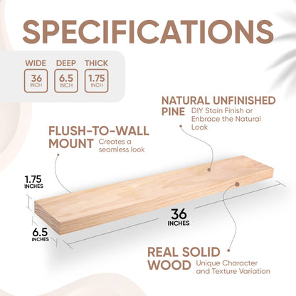 Floating Wooden Shelves for Kitchen Wall Mounted - Thick Industrial Kitchen Wood Shelf Set of 2