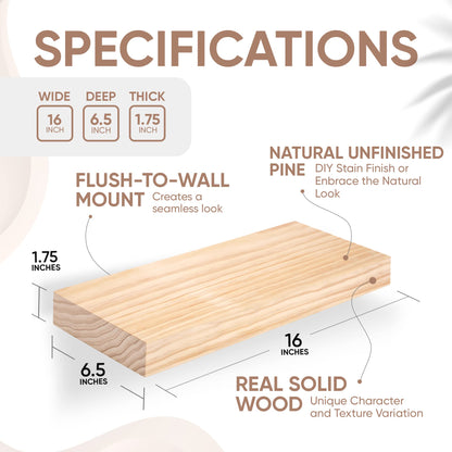 Floating Wooden Shelves for Kitchen Wall Mounted - Thick Industrial Kitchen Wood Shelf Set of 2
