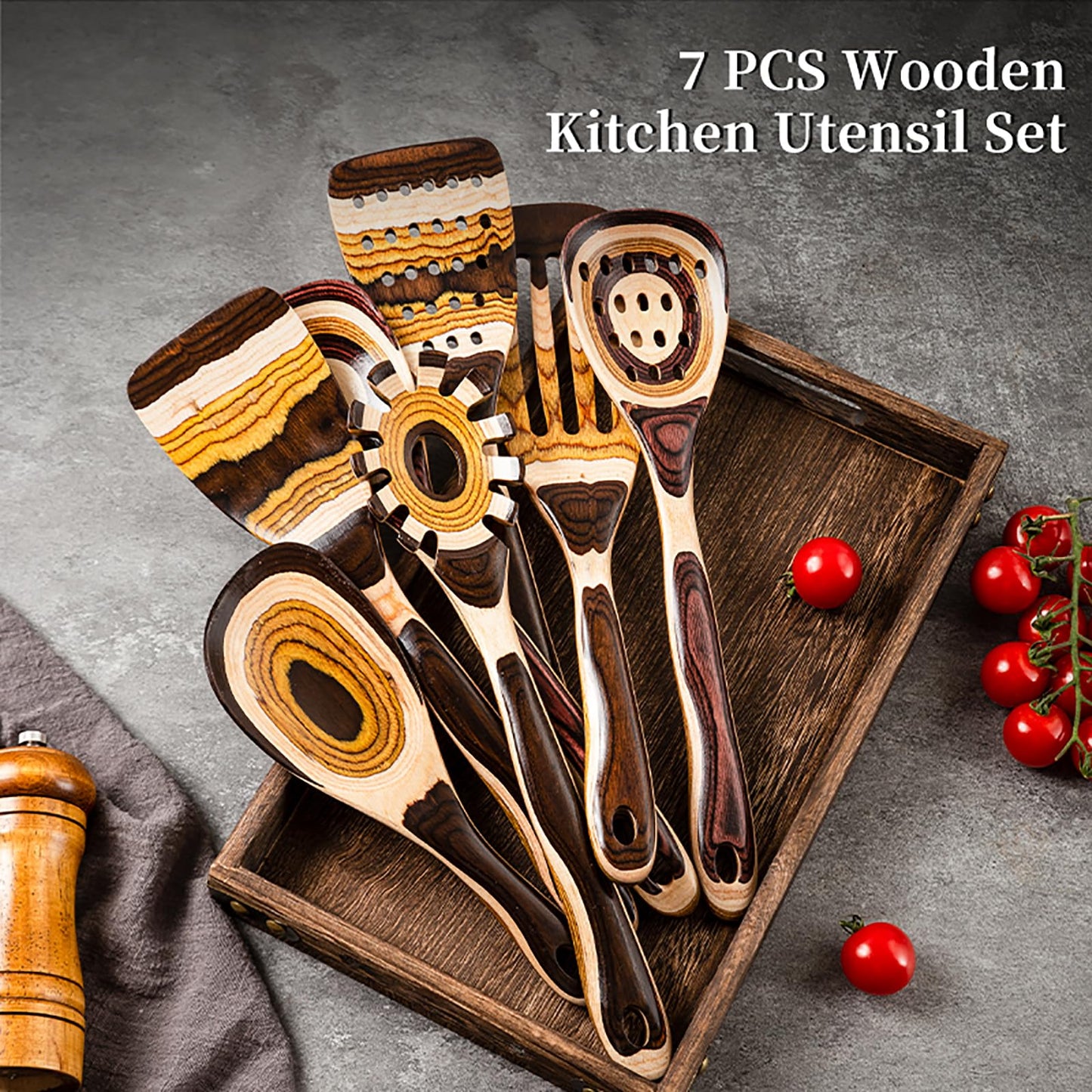 7-Piece wood Utensils Set, Durable, Eco-Friendly, Wooden Spoons for cooking, Kitchen Tool