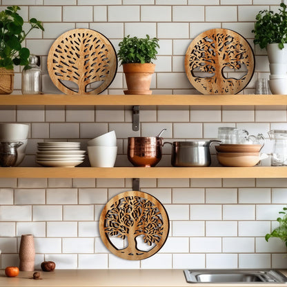 3 Pcs Life Tree Wooden Trivets Round Plates Pots Holder, Heat Resistant 8 Inch