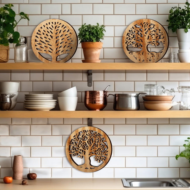 3 Pcs Life Tree Wooden Trivets Round Plates Pots Holder, Heat Resistant 8 Inch