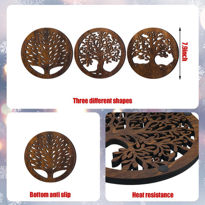 3 Pcs Life Tree Wooden Trivets Round Plates Pots Holder, Heat Resistant 8 Inch
