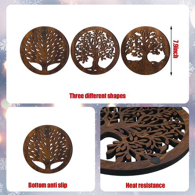 3 Pcs Life Tree Wooden Trivets Round Plates Pots Holder, Heat Resistant 8 Inch