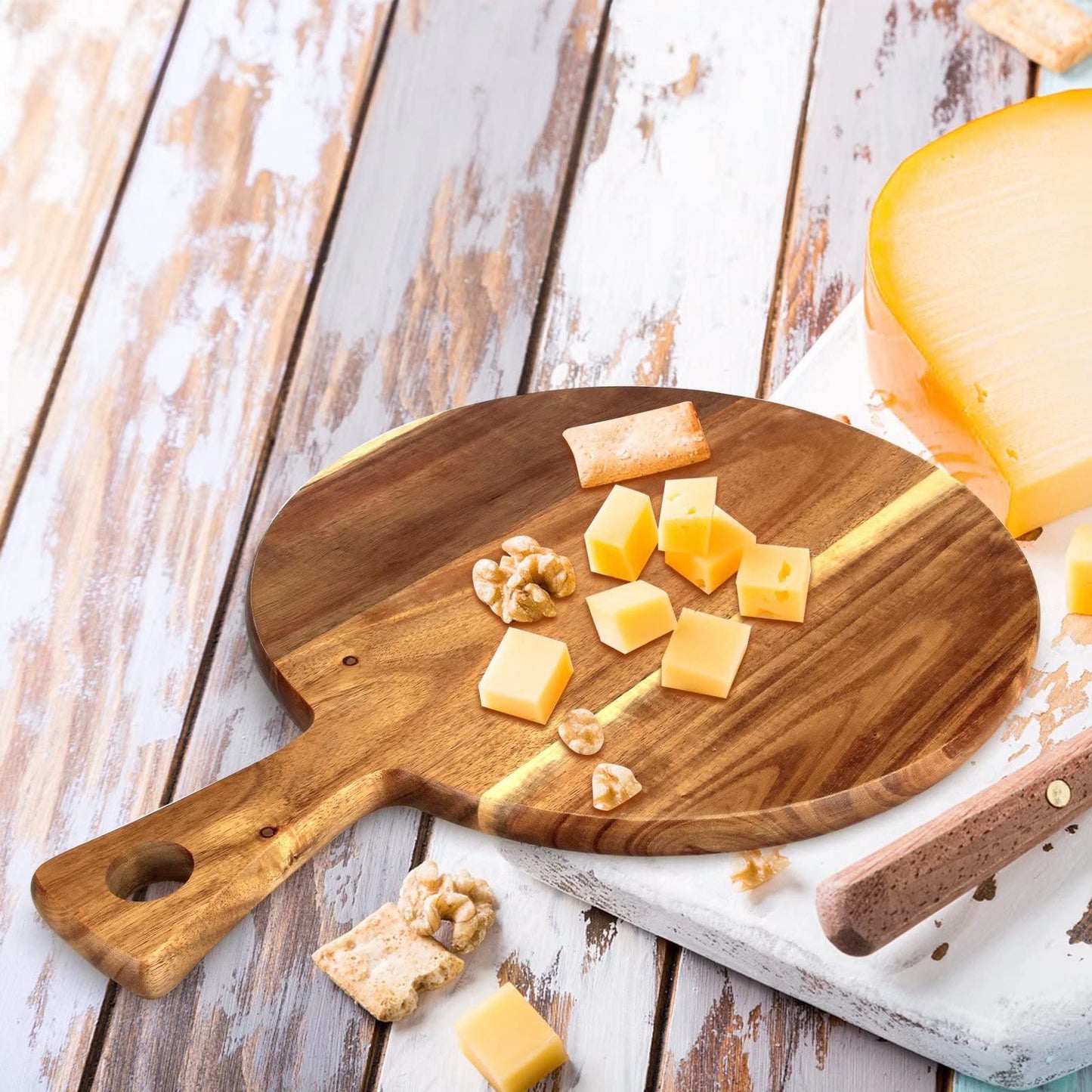 Acacia Wood Cutting Board with Handle Wooden Chopping Board Round Paddle
