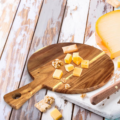 Acacia Wood Cutting Board with Handle Wooden Chopping Board Round Paddle