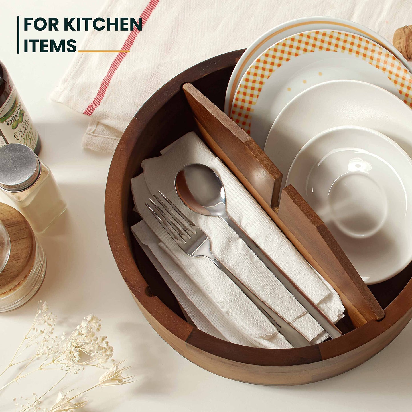 12" Acacia Wood Lazy Susan Organizer with 4 Dividers - Kitchen Storage Food