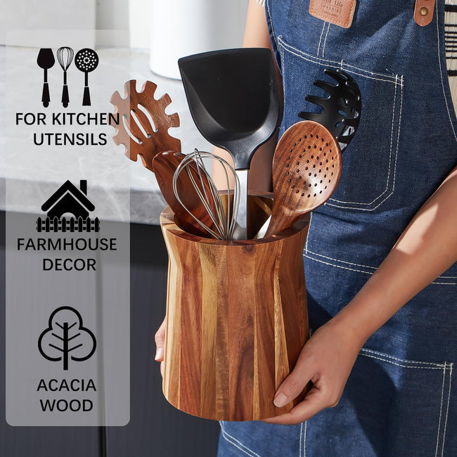 Acacia Wooden Utensil Holder for Countertop, 360° Rotating Kitchen Utensil Holder, 7.2"x 6" Large