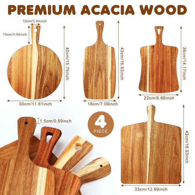 Set of 4 Thick Acacia Wood Cutting Boards with Handles, Assorted Sizes Large Charcuterie Boards For Meat, Pizza, Vegetables, Bread, Kitchen