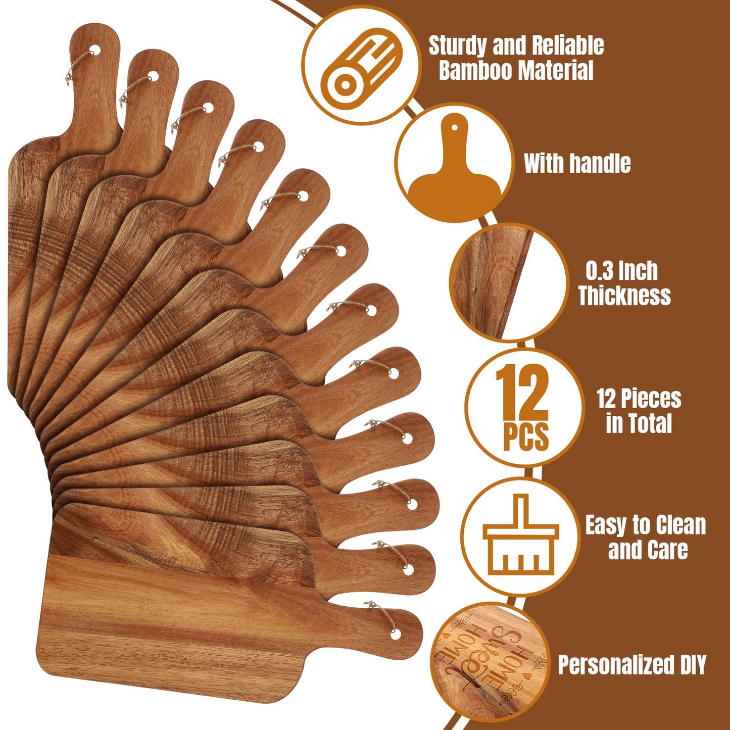 12 Packs Cutting Board Set with Handles 15 x 7 Inch, Acacia, Bamboo Wood)
