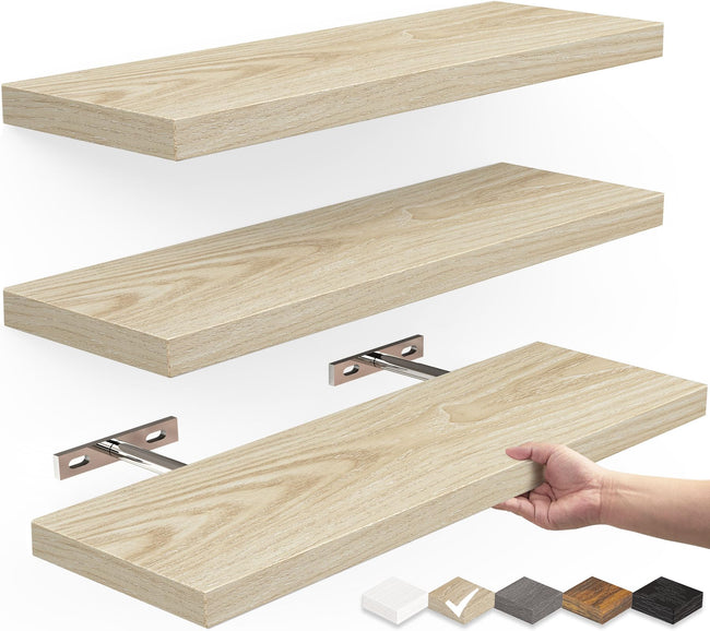 Floating Wood Shelves - Wall Mounted, for Kitchen, with 22lbs Capacity Set of 3