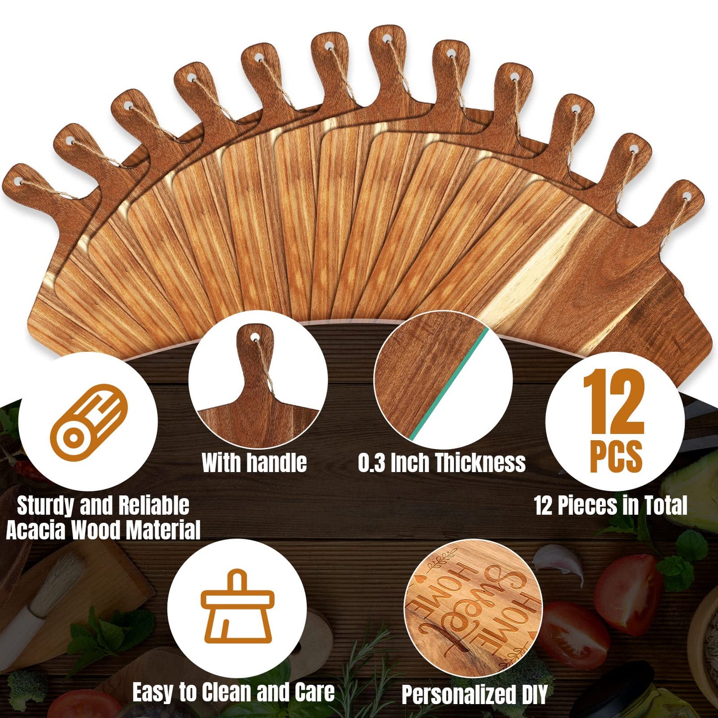 12 Packs Cutting Board Set with Handles 15 x 7 Inch, Acacia, Bamboo Wood)