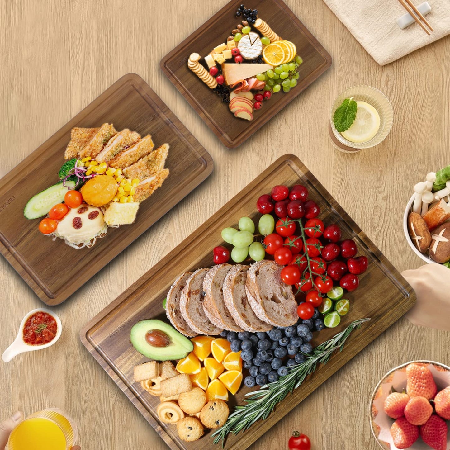 Wood Cutting Boards Set of 3 for Kitchen, Thick Chopping Board, (17x12, 12x10, 12x7 inch)