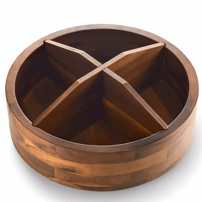 12" Acacia Wood Lazy Susan Organizer with 4 Dividers - Kitchen Storage Food