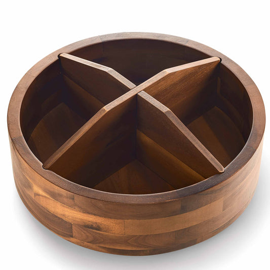12" Acacia Wood Lazy Susan Organizer with 4 Dividers - Kitchen Storage Food