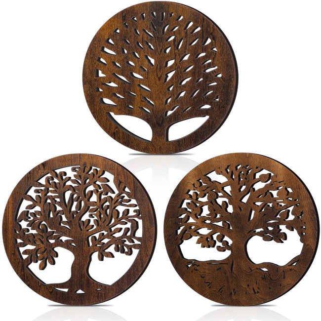 3 Pcs Life Tree Wooden Trivets Round Plates Pots Holder, Heat Resistant 8 Inch