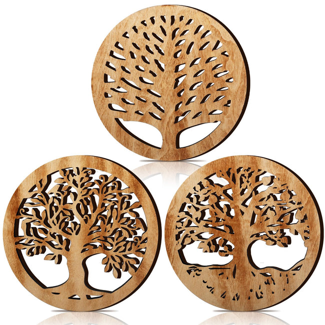 3 Pcs Life Tree Wooden Trivets Round Plates Pots Holder, Heat Resistant 8 Inch