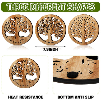 3 Pcs Life Tree Wooden Trivets Round Plates Pots Holder, Heat Resistant 8 Inch