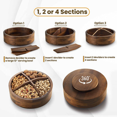 12" Acacia Wood Lazy Susan Organizer with 4 Dividers - Kitchen Storage Food