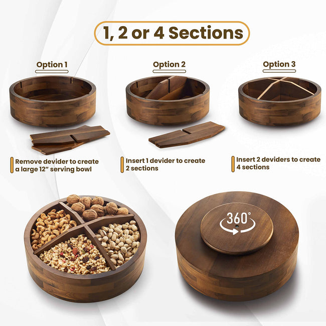 12" Acacia Wood Lazy Susan Organizer with 4 Dividers - Kitchen Storage Food