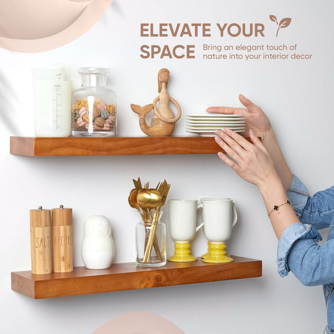 Floating Wooden Shelves for Kitchen Wall Mounted - Thick Industrial Kitchen Wood Shelf Set of 2